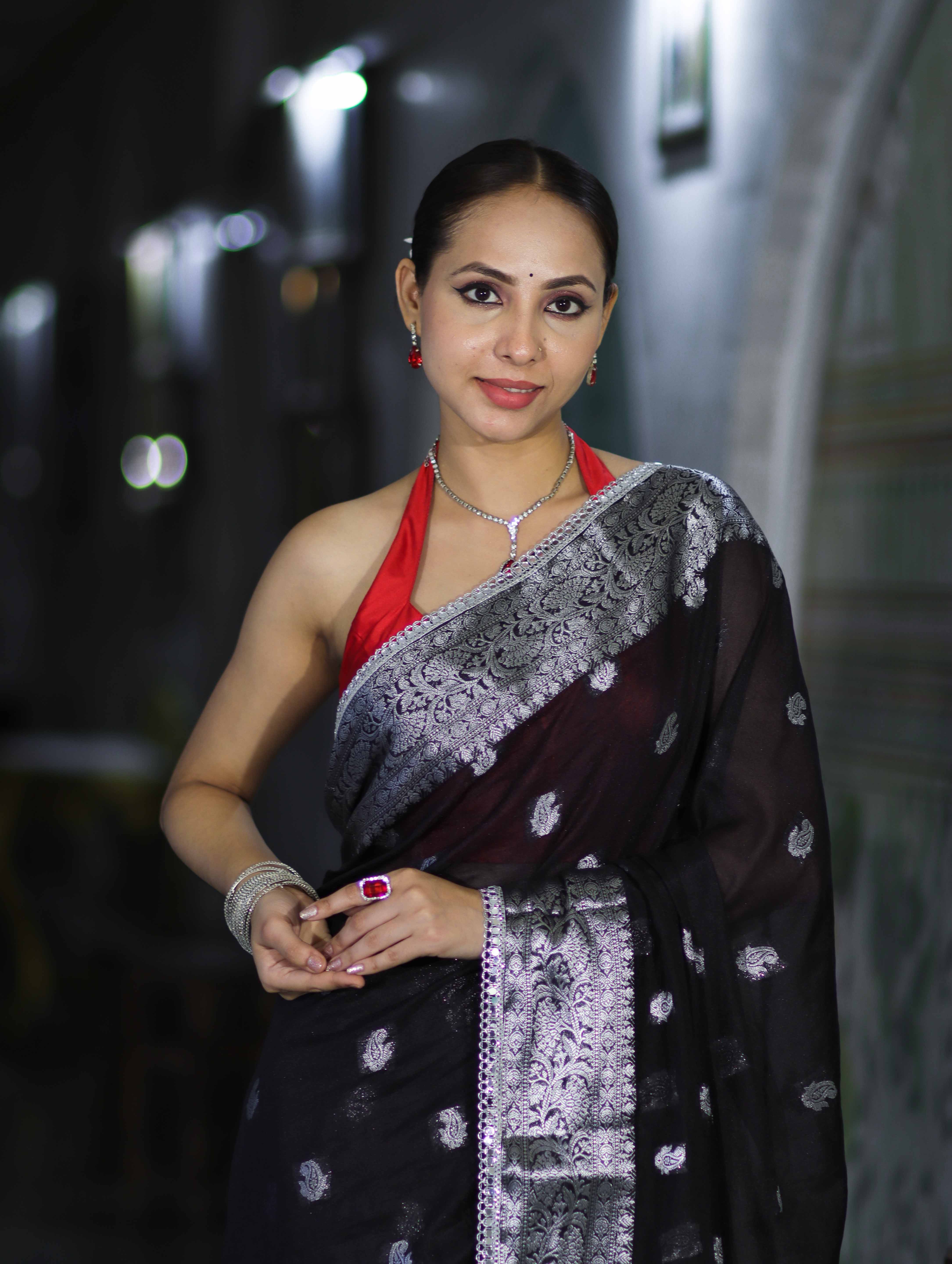 Banarasee Semi Chiffon Saree With Buta Work Silver Zari Border & Lace-Black