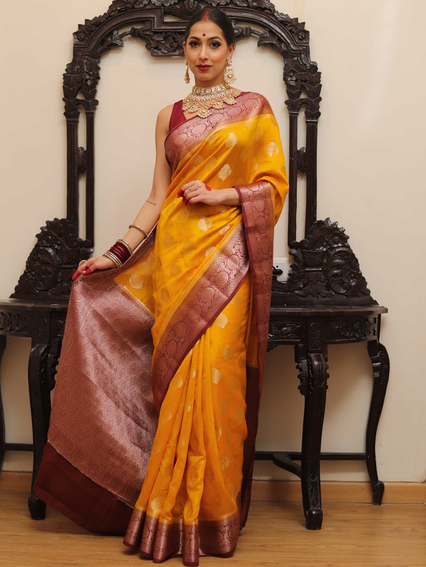 Banarasee Handloom Pure Chiniya Silk Saree With Zari Work & Contrast Border-Yellow & Brown