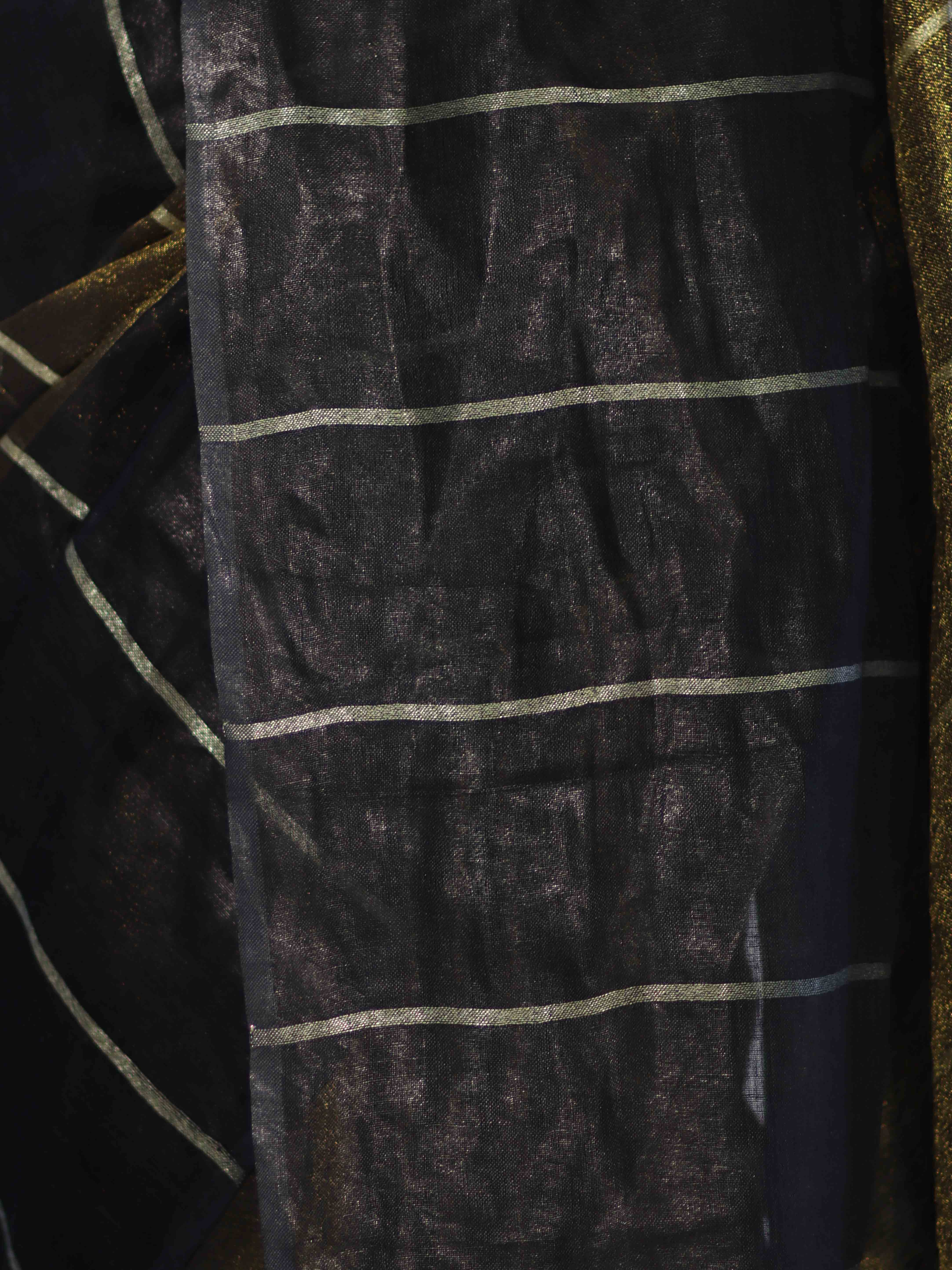 Bhagalpur Handloom Pure Linen Cotton Saree With Zari Stripes Design-Black & Gold