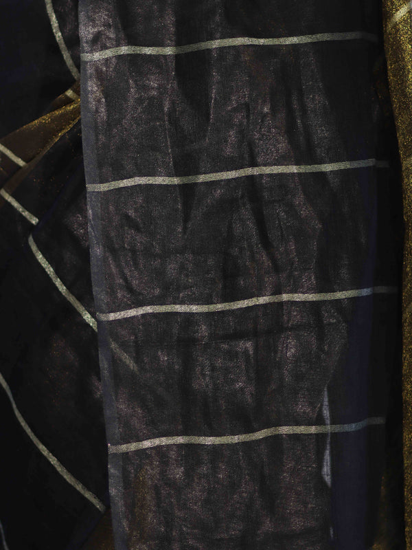 Bhagalpur Handloom Pure Linen Cotton Saree With Zari Stripes Design-Black & Gold