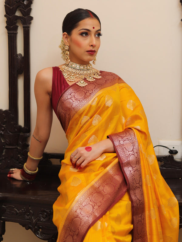 Banarasee Handloom Pure Chiniya Silk Saree With Zari Work & Contrast Border-Yellow & Brown