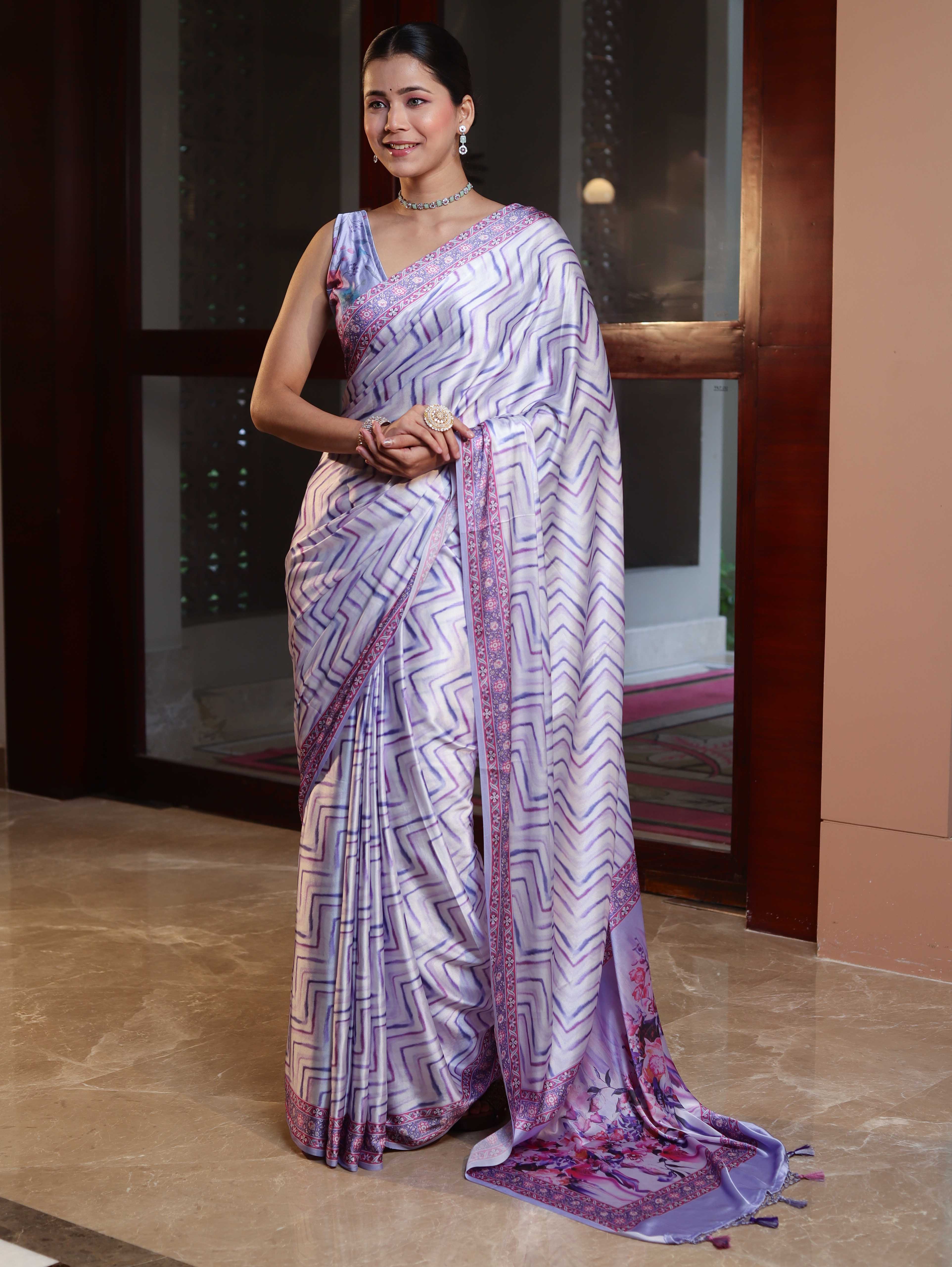 Banarasee Handwoven Satin Zigzag Printed Saree-Light Purple