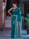 Banarasee Handloom Semi Silk Saree With Sona Rupa Zari Buti Design & Floral Border-Teal Green
