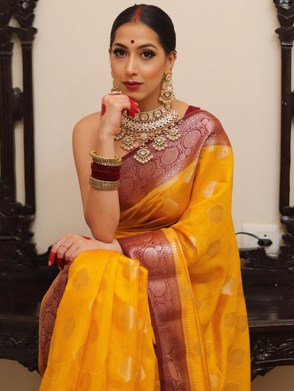 Banarasee Handloom Pure Chiniya Silk Saree With Zari Work & Contrast Border-Yellow & Brown