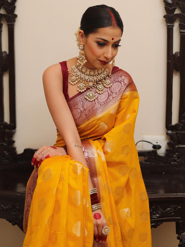Banarasee Handloom Pure Chiniya Silk Saree With Zari Work & Contrast Border-Yellow & Brown