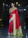 Banarasee Handloom Semi Katan Saree With Zari Buti Design & Contrast Border-Red & Green