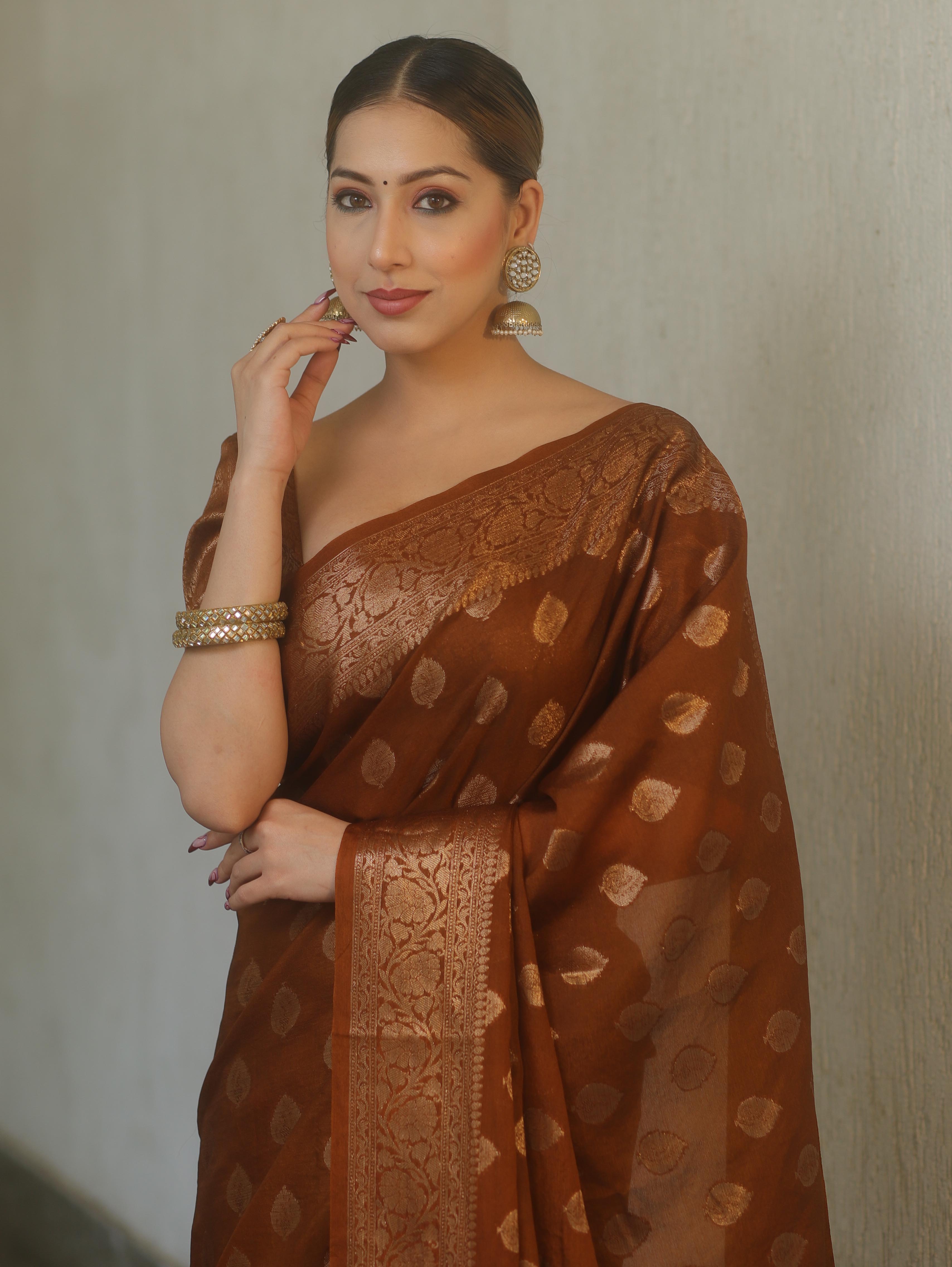 Banarasee Georgette Saree With Antiue Zari Buta Design & Border-Brown