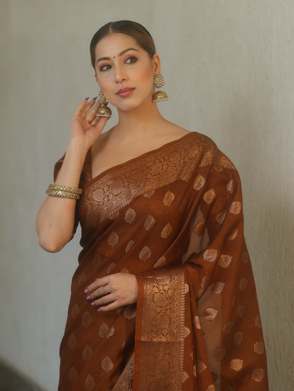 Banarasee Georgette Saree With Antiue Zari Buta Design & Border-Brown