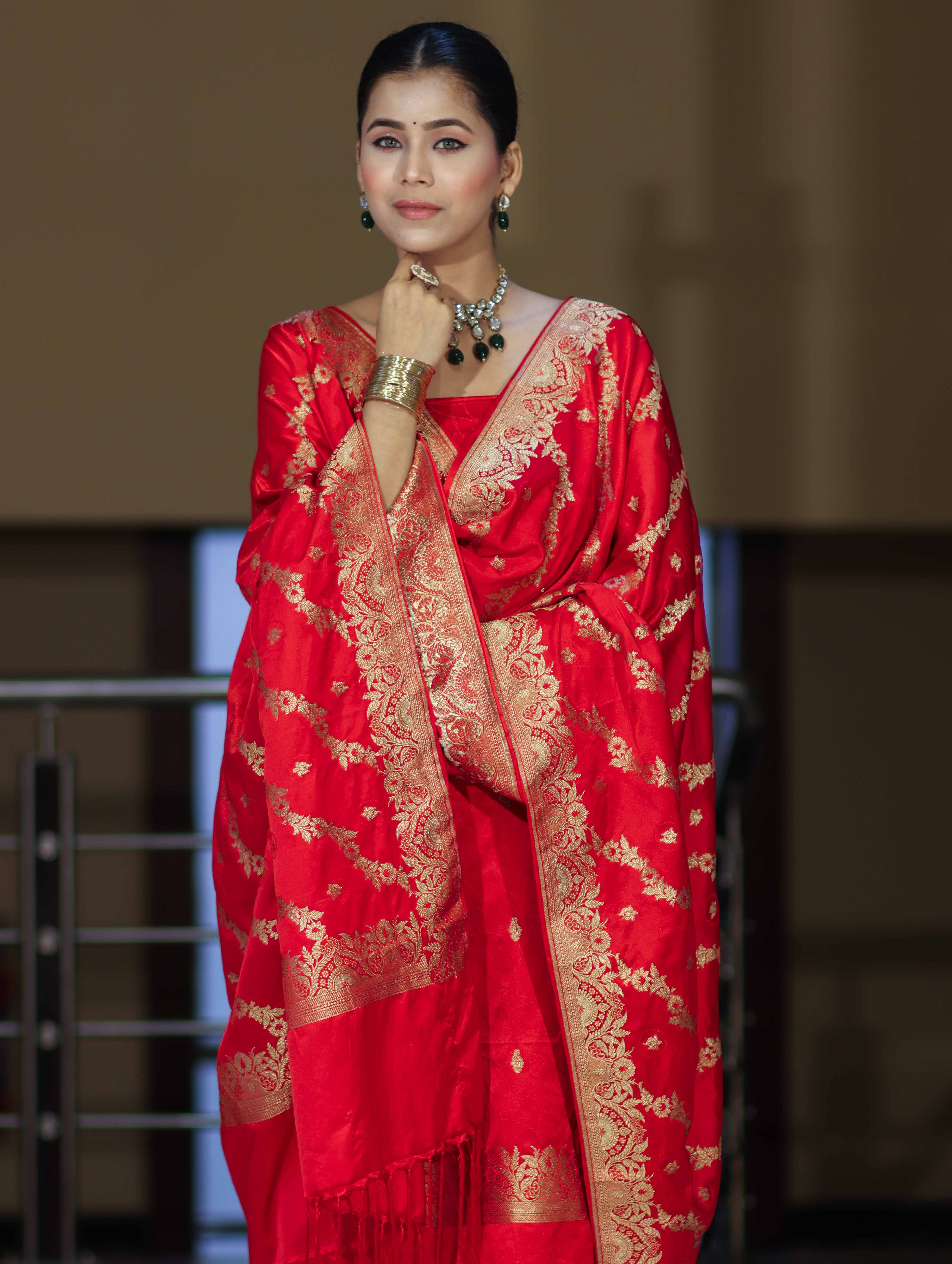Banarasee Semi Katan Silk Zari Work Salwar Kameez Fabric With Dupatta Set-Red