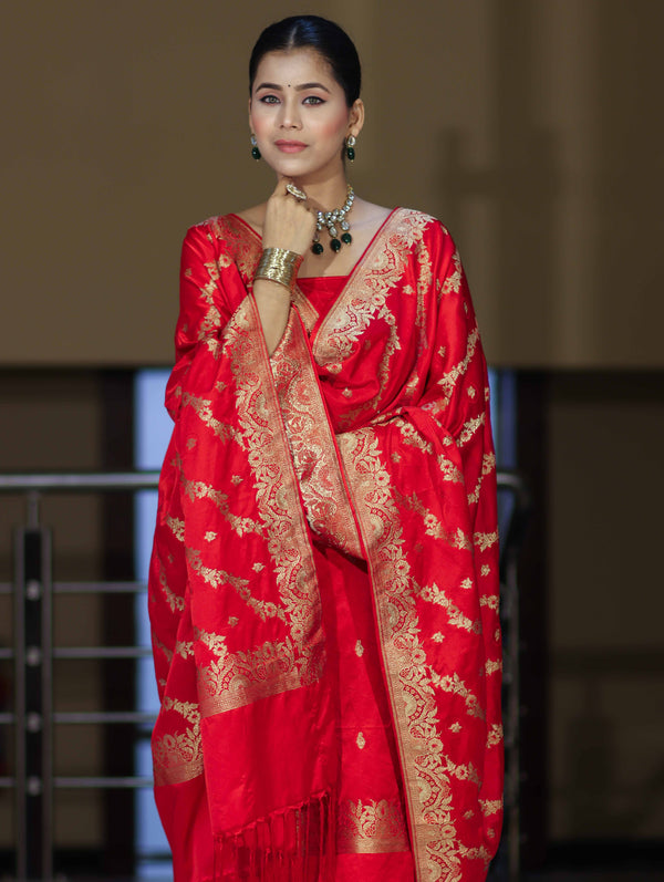 Banarasee Semi Katan Silk Zari Work Salwar Kameez Fabric With Dupatta Set-Red