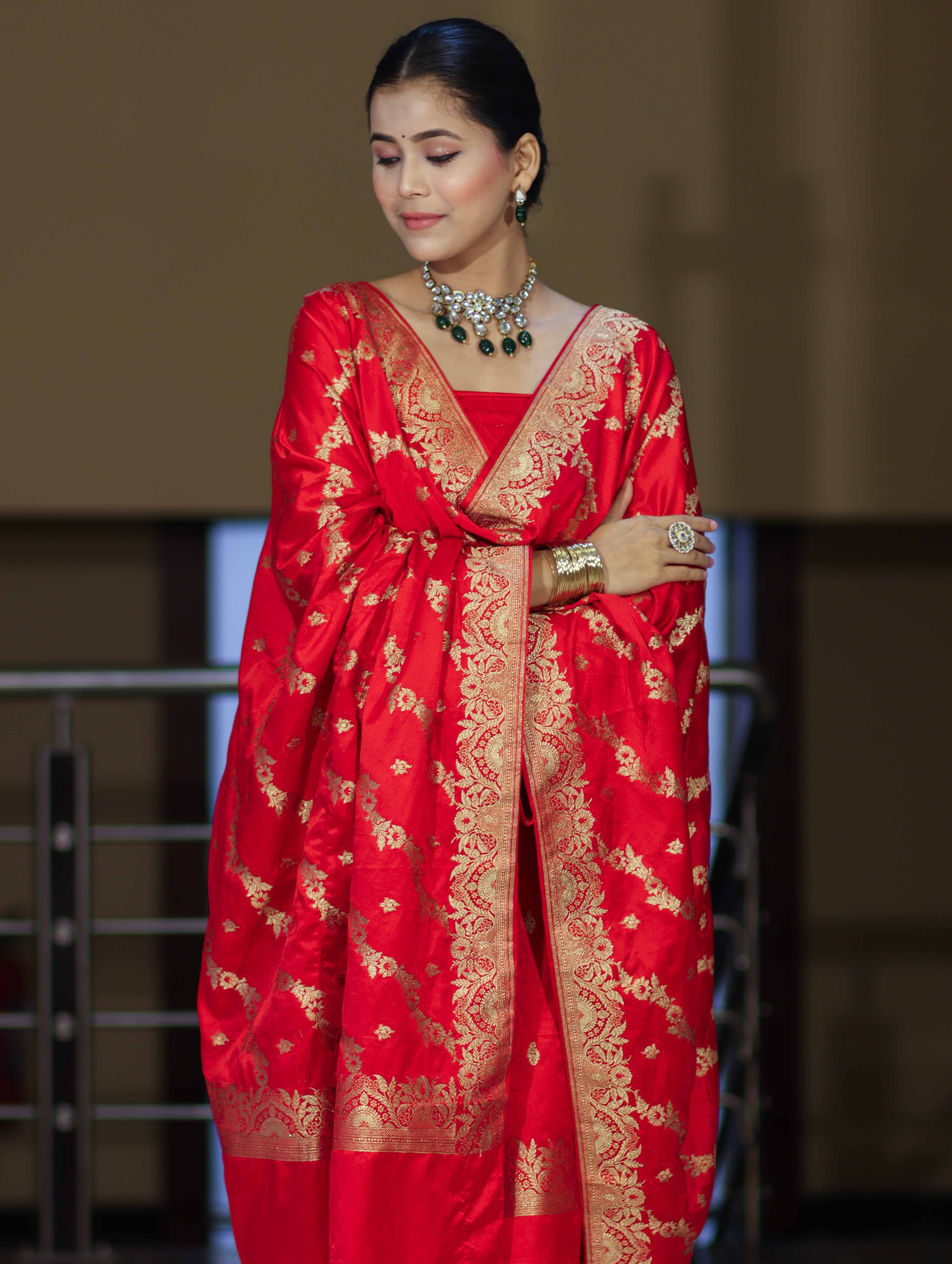 Banarasee Semi Katan Silk Zari Work Salwar Kameez Fabric With Dupatta Set-Red