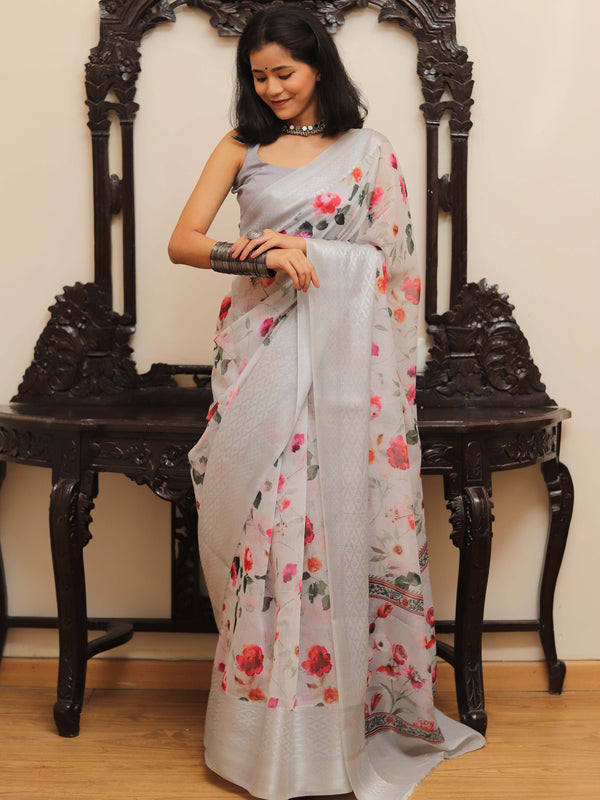 Banarasee Handloom Chanderi Digital Print Saree With Silver Zari Design-Grey