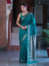 Banarasee Handloom Semi Silk Saree With Sona Rupa Zari Buti Design & Floral Border-Teal Green