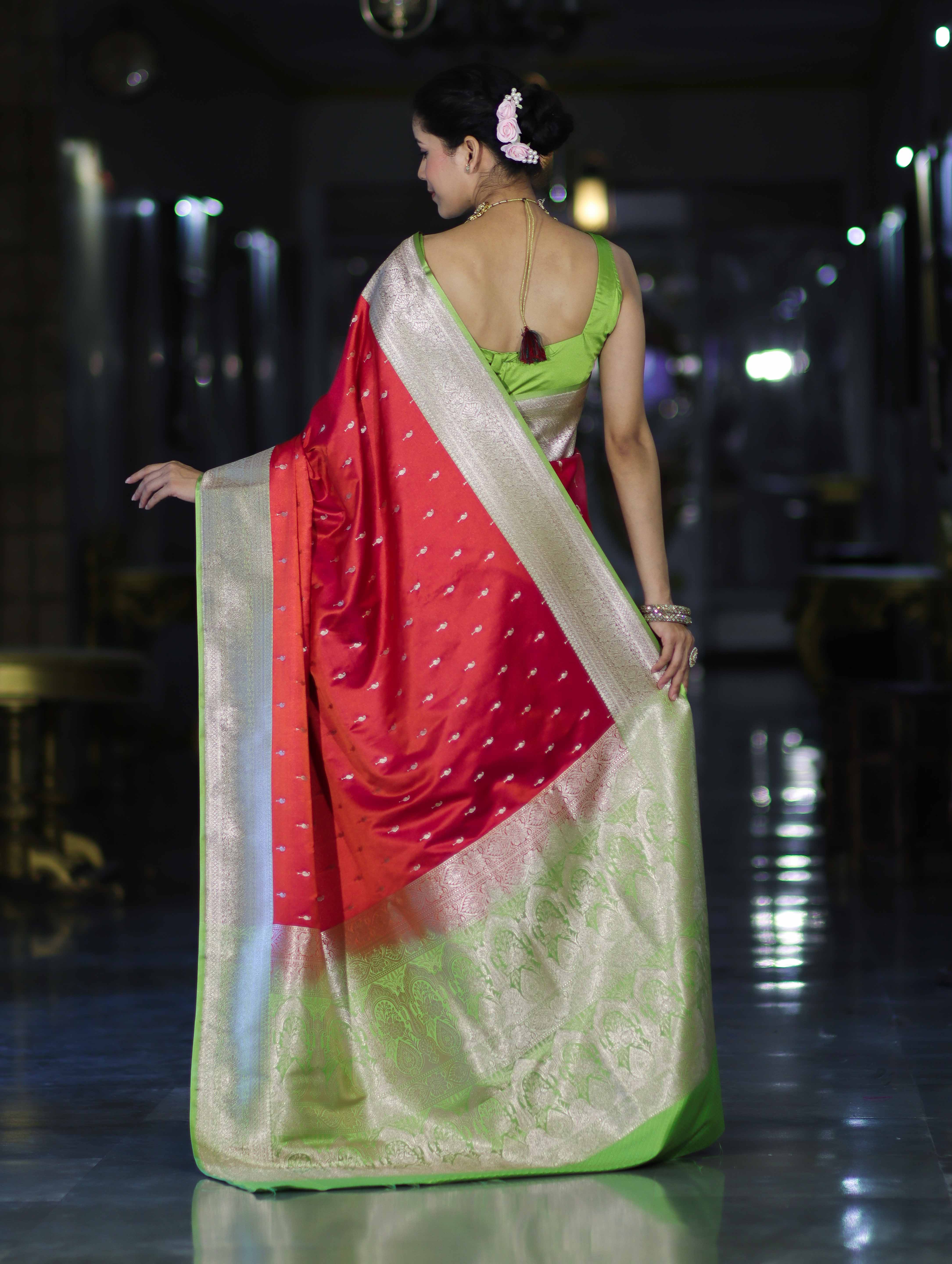 Banarasee Handloom Semi Katan Saree With Zari Buti Design & Contrast Border-Red & Green