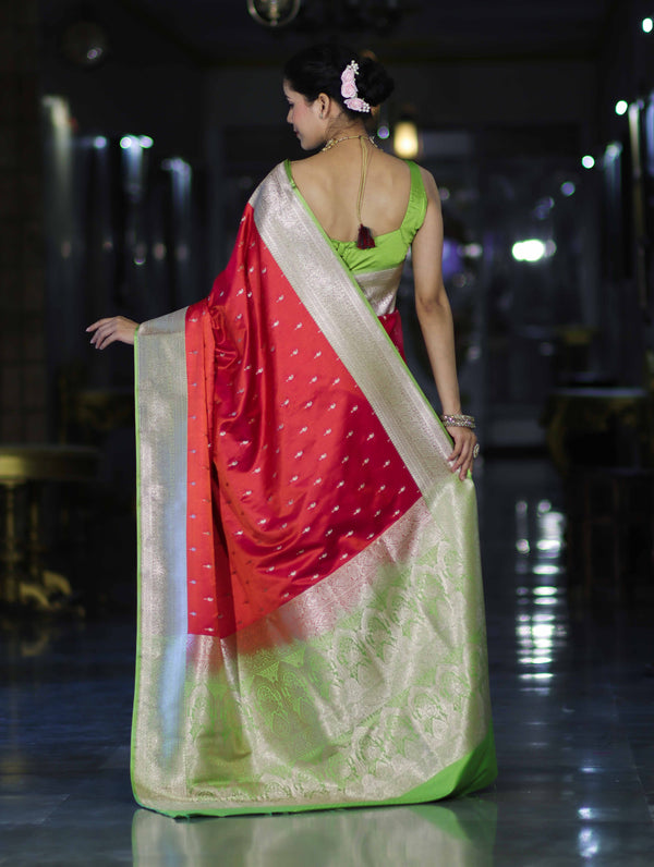 Banarasee Handloom Semi Katan Saree With Zari Buti Design & Contrast Border-Red & Green
