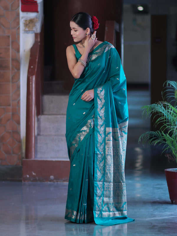 Banarasee Handloom Semi Silk Saree With Sona Rupa Zari Buti Design & Floral Border-Teal Green