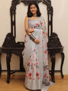 Banarasee Handloom Chanderi Digital Print Saree With Silver Zari Design-Grey