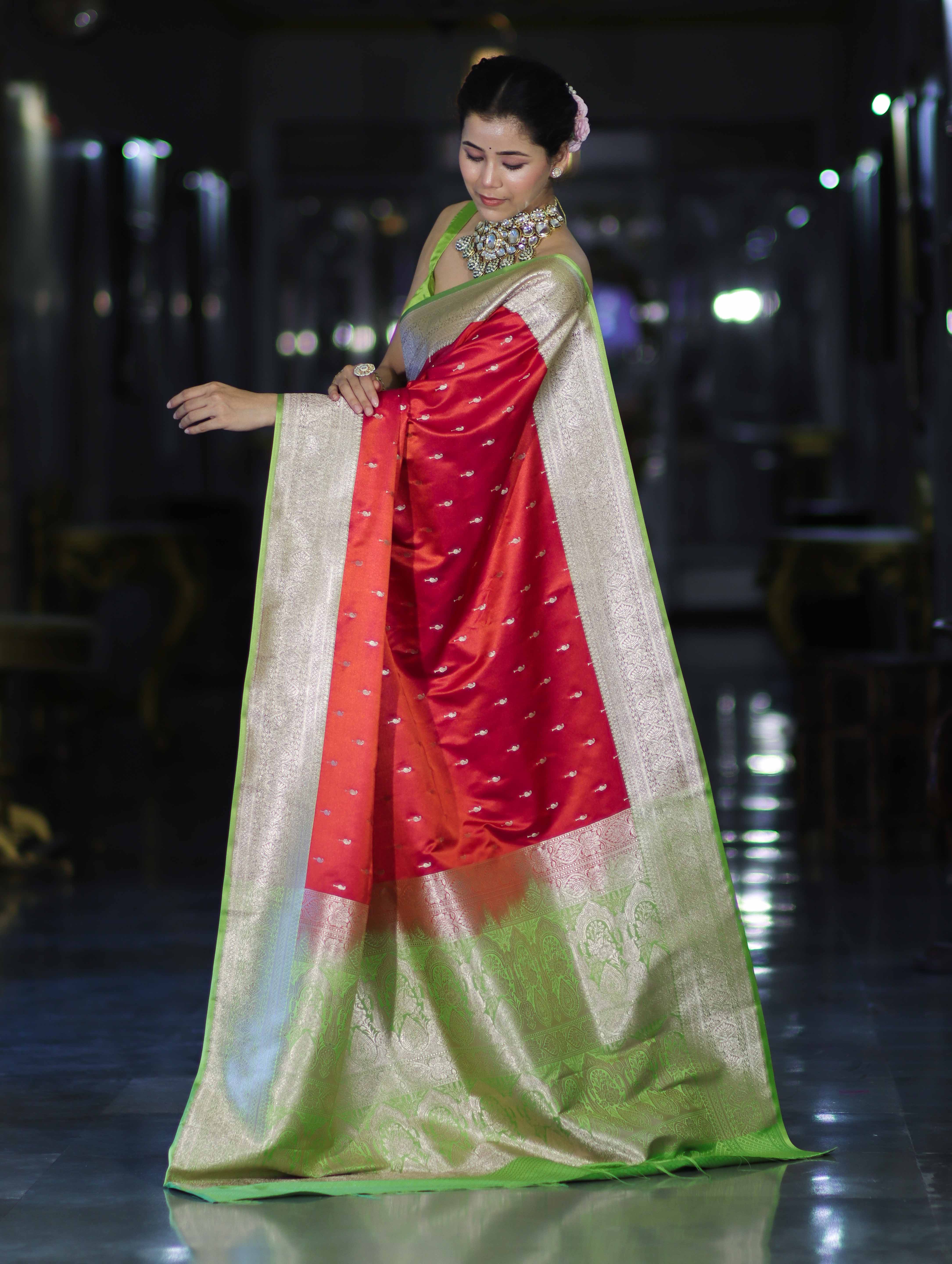 Banarasee Handloom Semi Katan Saree With Zari Buti Design & Contrast Border-Red & Green