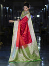 Banarasee Handloom Semi Katan Saree With Zari Buti Design & Contrast Border-Red & Green