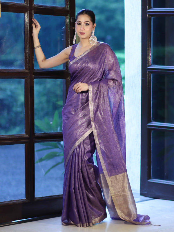 Bhagalpur Handloom Linen Tissue Metallic Shine Saree-Violet