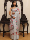 Banarasee Handloom Chanderi Digital Print Saree With Silver Zari Design-Grey