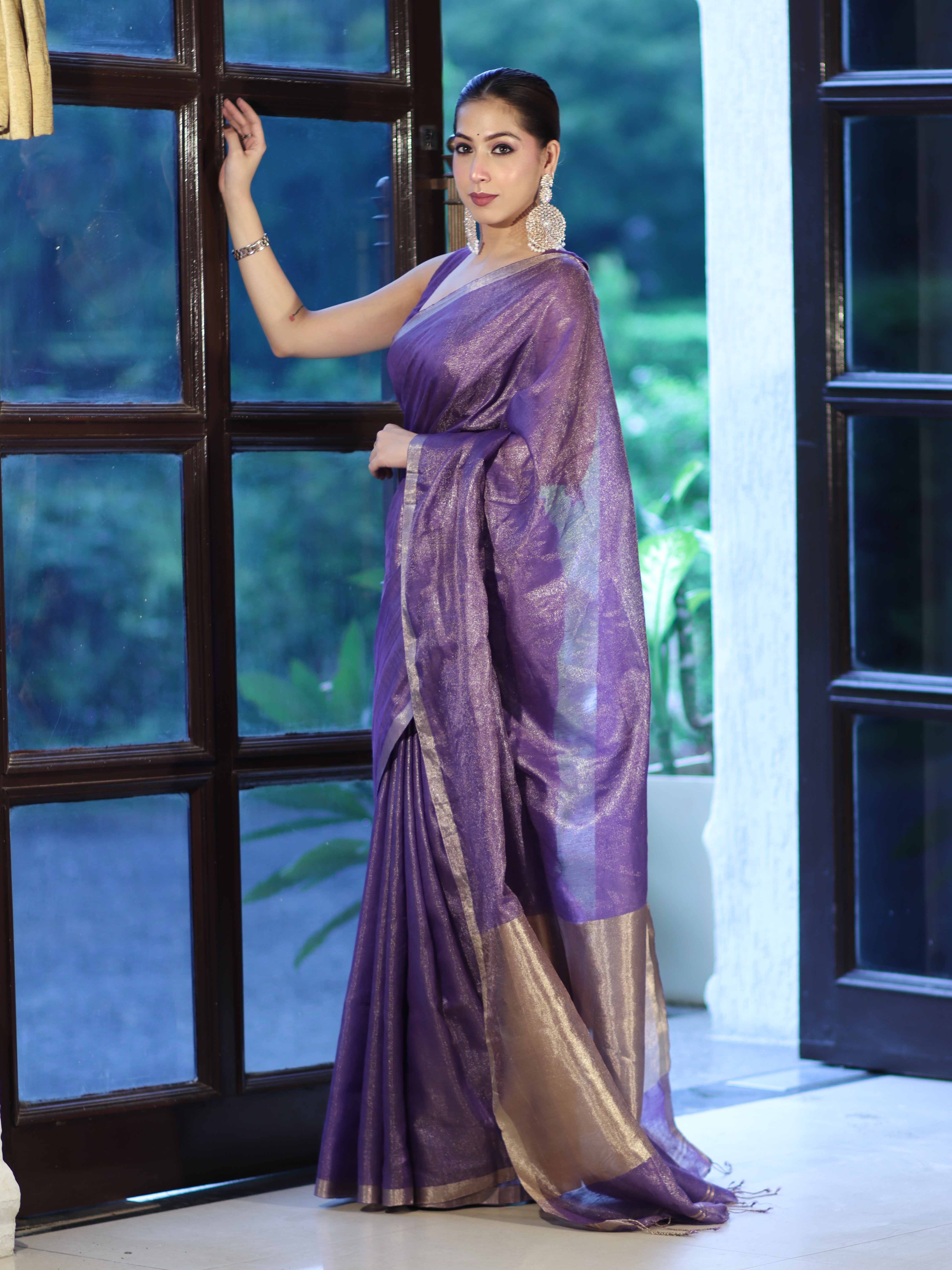 Bhagalpur Handloom Linen Tissue Metallic Shine Saree-Violet