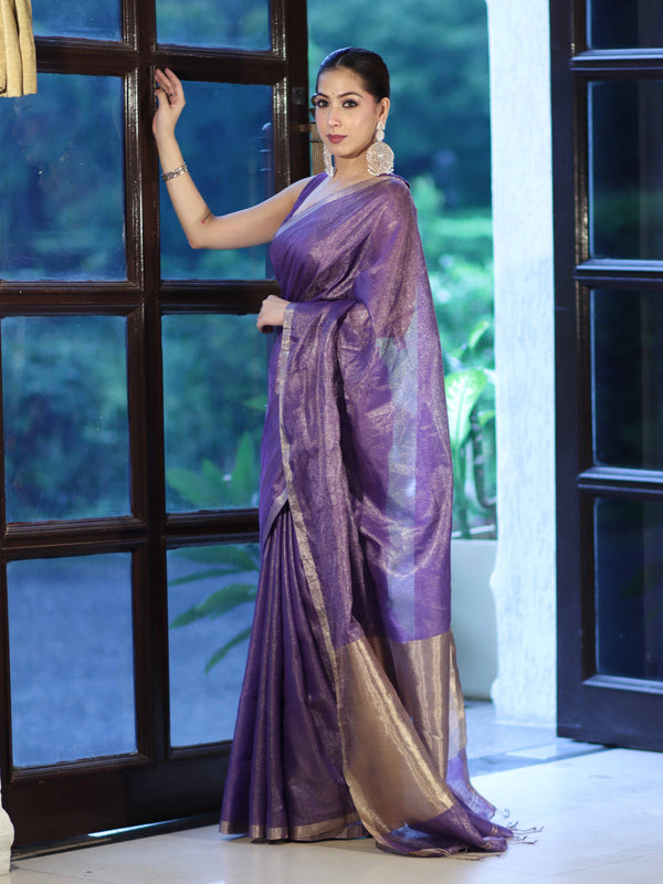 Bhagalpur Handloom Linen Tissue Metallic Shine Saree-Violet