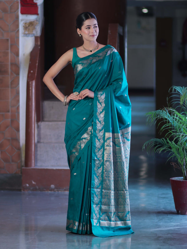 Banarasee Handloom Semi Silk Saree With Sona Rupa Zari Buti Design & Floral Border-Teal Green