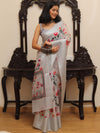 Banarasee Handloom Chanderi Digital Print Saree With Silver Zari Design-Grey