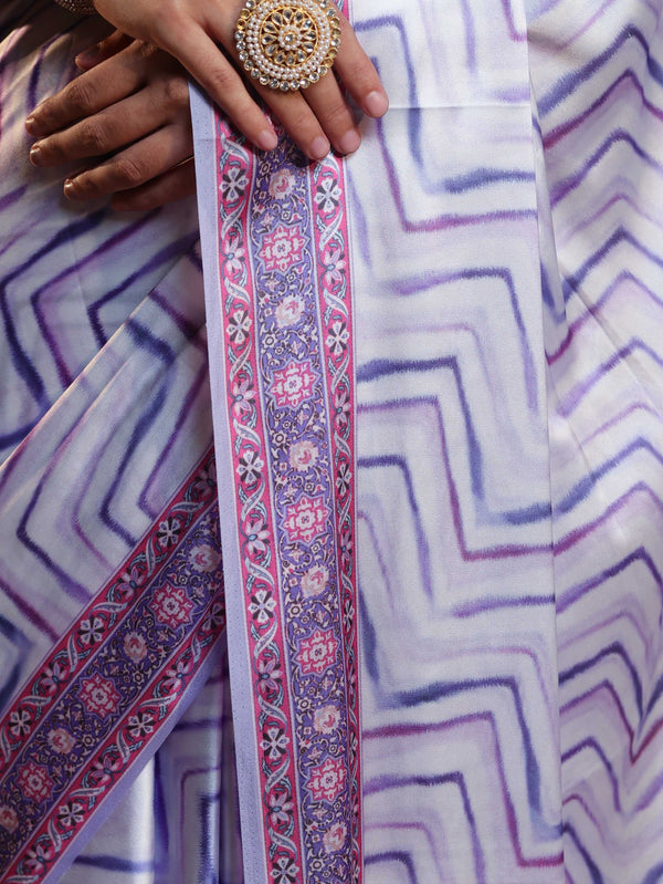 Banarasee Handwoven Satin Zigzag Printed Saree-Light Purple
