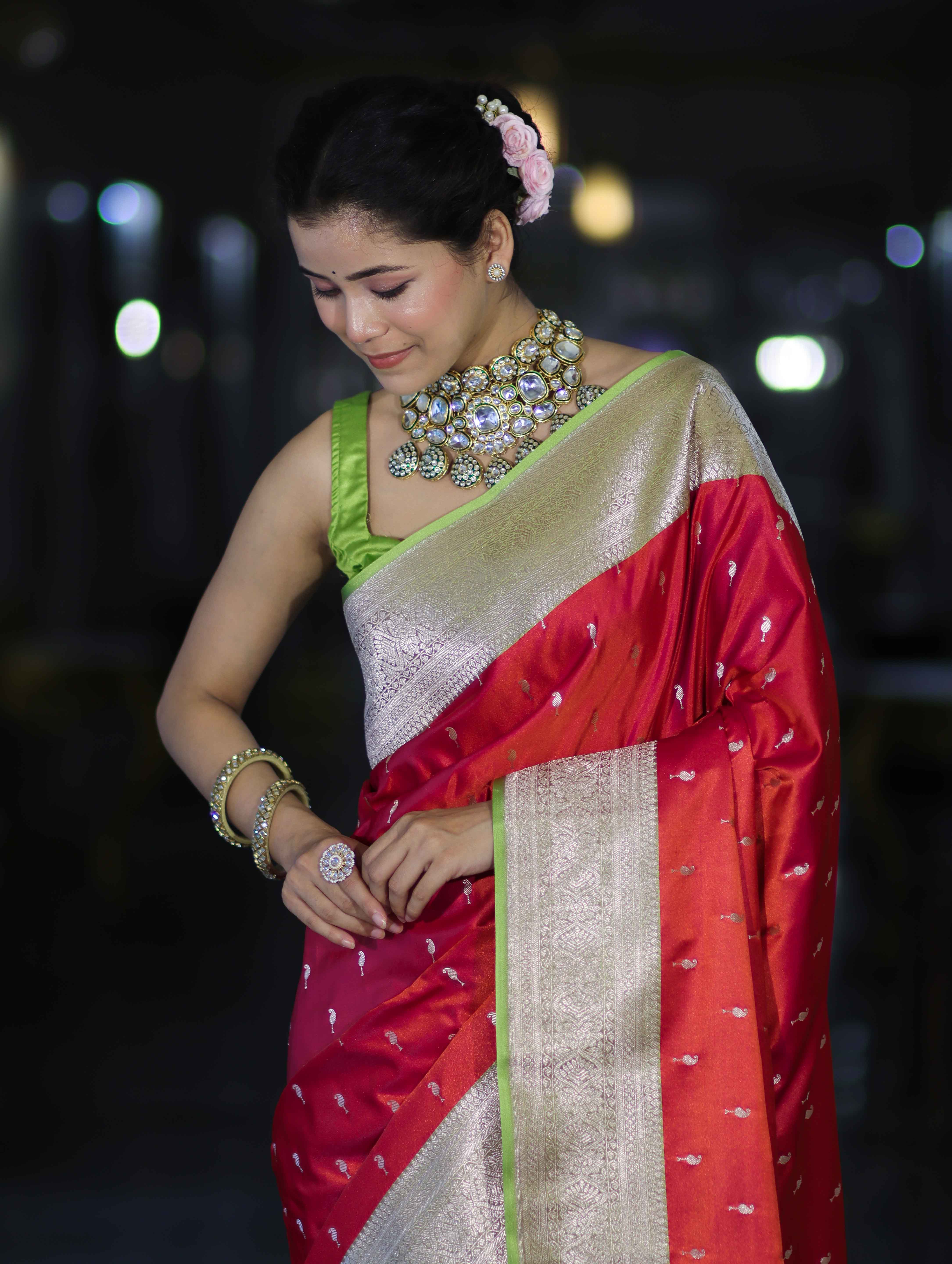 Banarasee Handloom Semi Katan Saree With Zari Buti Design & Contrast Border-Red & Green