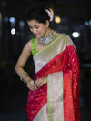 Banarasee Handloom Semi Katan Saree With Zari Buti Design & Contrast Border-Red & Green