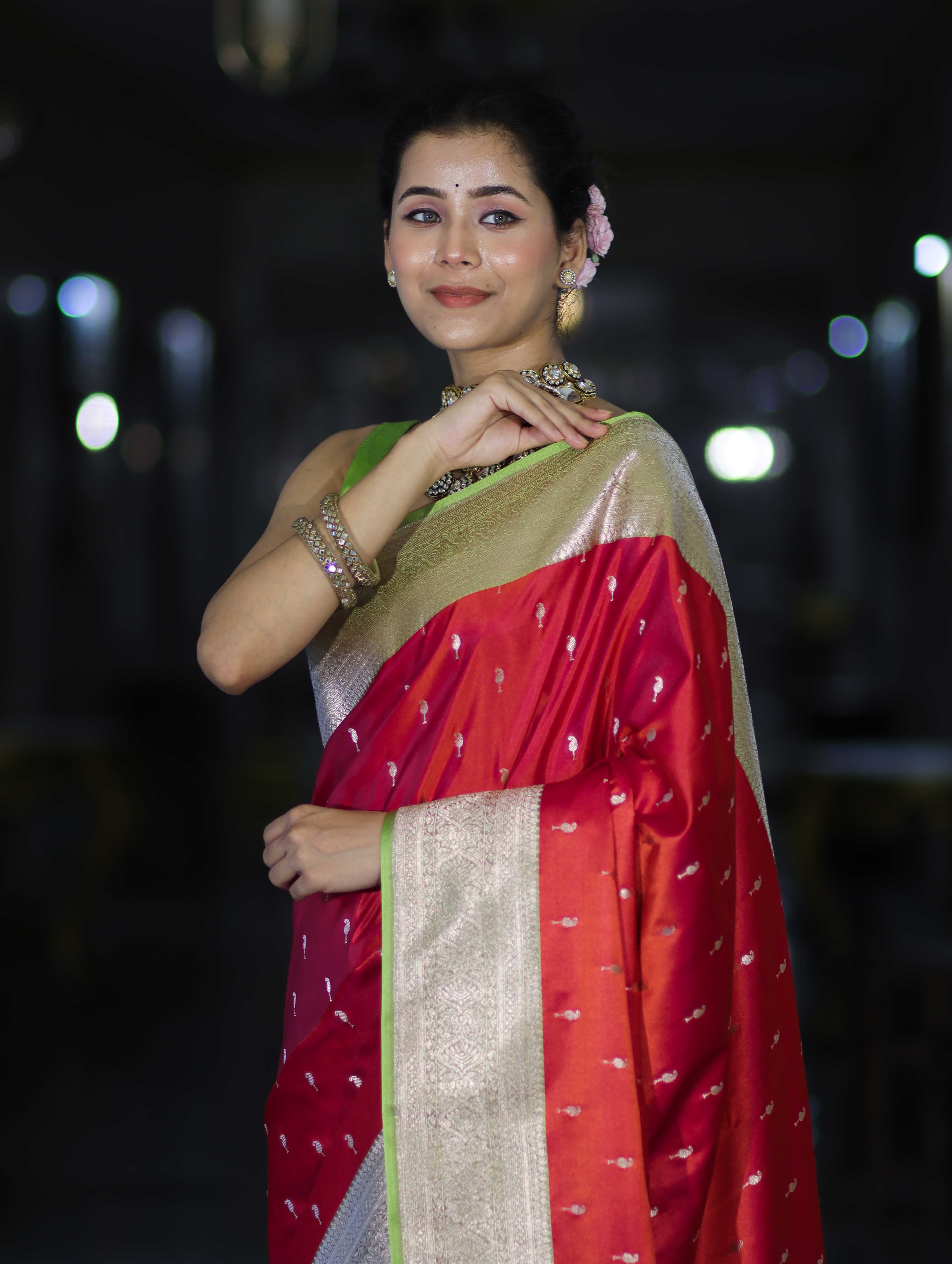 Banarasee Handloom Semi Katan Saree With Zari Buti Design & Contrast Border-Red & Green