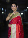 Banarasee Handloom Semi Katan Saree With Zari Buti Design & Contrast Border-Red & Green