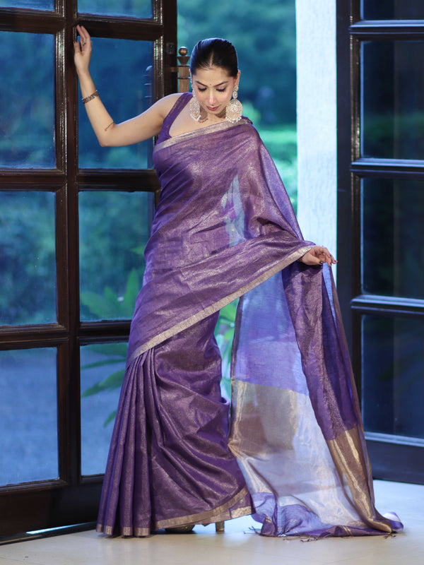 Bhagalpur Handloom Linen Tissue Metallic Shine Saree-Violet