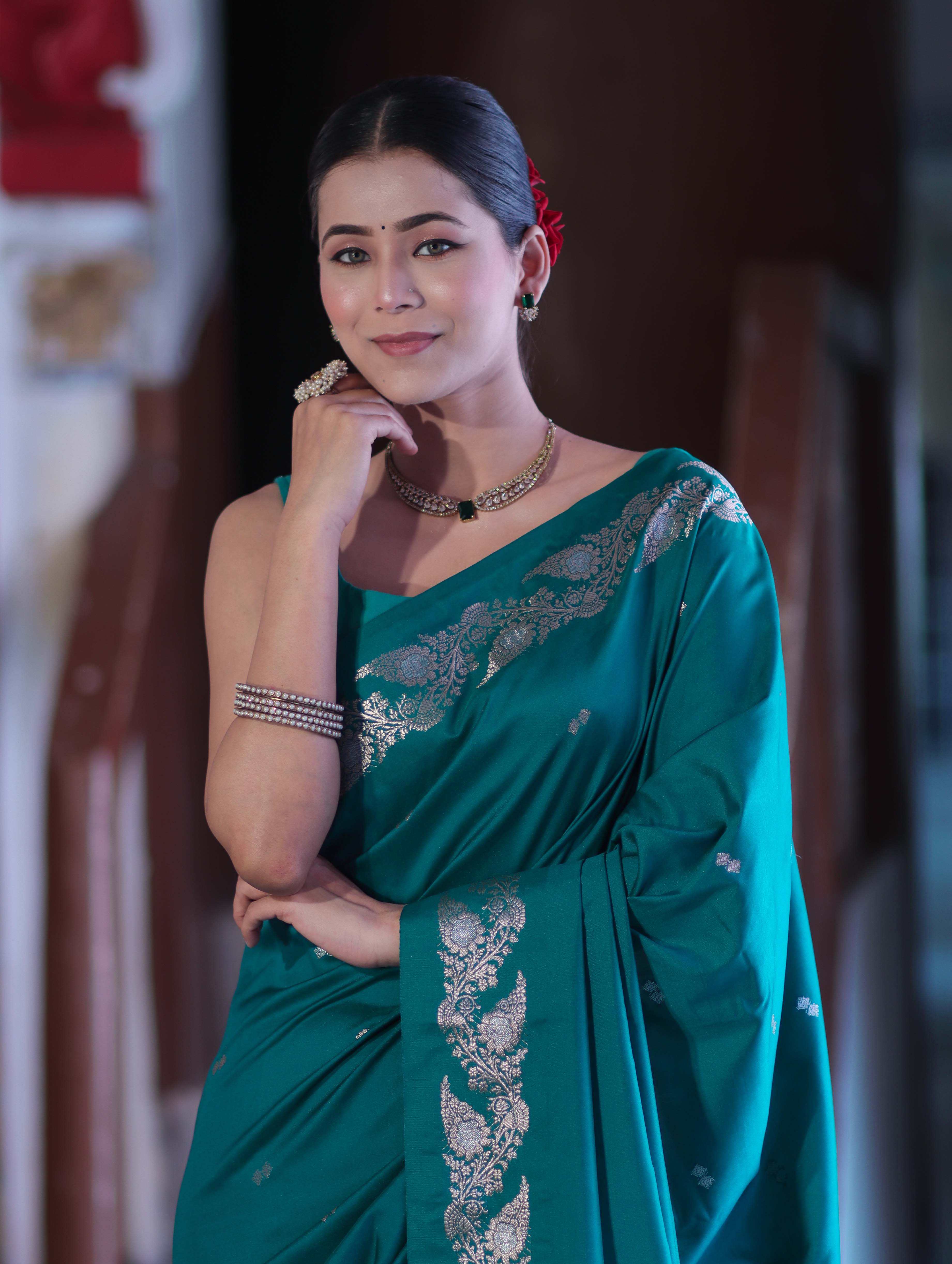 Banarasee Handloom Semi Silk Saree With Sona Rupa Zari Buti Design & Floral Border-Teal Green