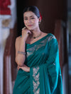 Banarasee Handloom Semi Silk Saree With Sona Rupa Zari Buti Design & Floral Border-Teal Green