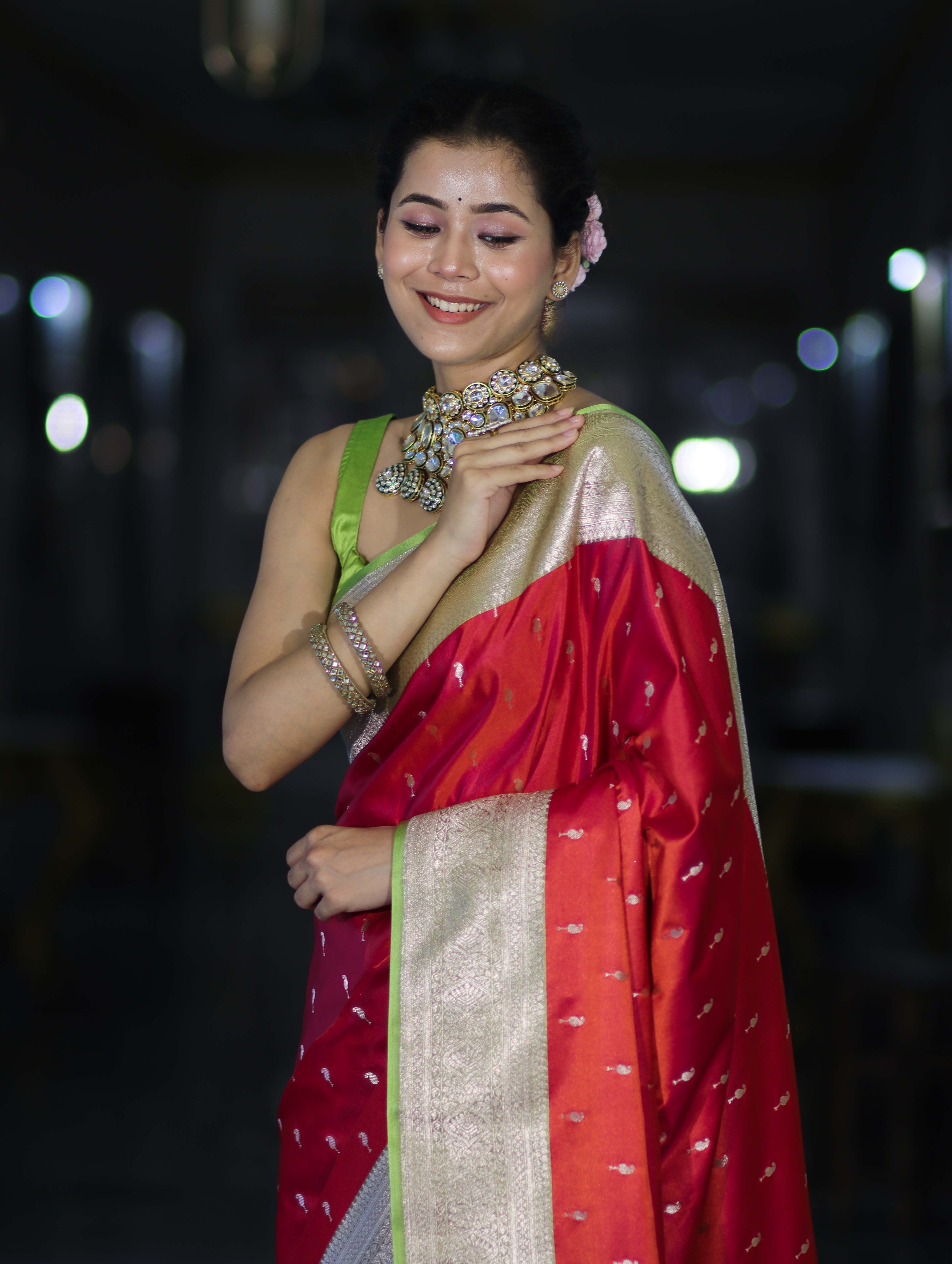 Banarasee Handloom Semi Katan Saree With Zari Buti Design & Contrast Border-Red & Green