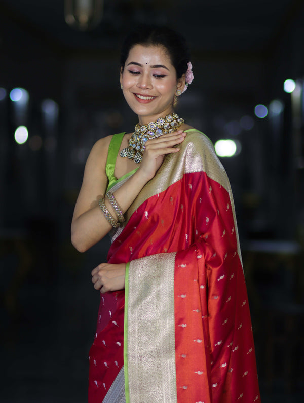 Banarasee Handloom Semi Katan Saree With Zari Buti Design & Contrast Border-Red & Green