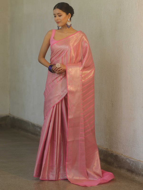 Banarasee Handwoven Tissue Saree With Silver Zari Stripes Design & Broder-Pink