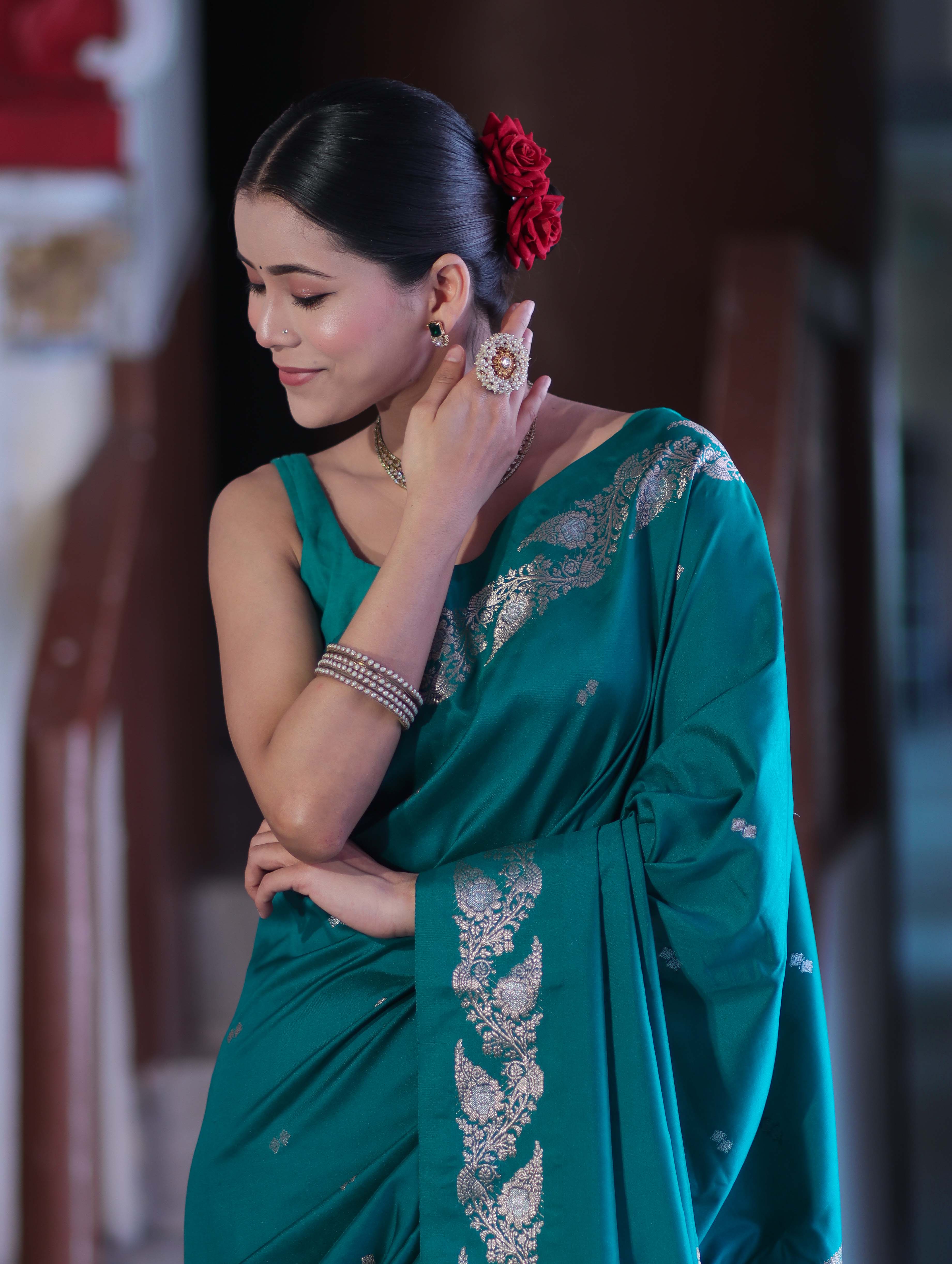 Banarasee Handloom Semi Silk Saree With Sona Rupa Zari Buti Design & Floral Border-Teal Green