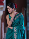 Banarasee Handloom Semi Silk Saree With Sona Rupa Zari Buti Design & Floral Border-Teal Green