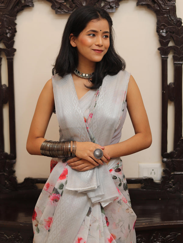 Banarasee Handloom Chanderi Digital Print Saree With Silver Zari Design-Grey