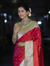 Banarasee Handloom Semi Katan Saree With Zari Buti Design & Contrast Border-Red & Green