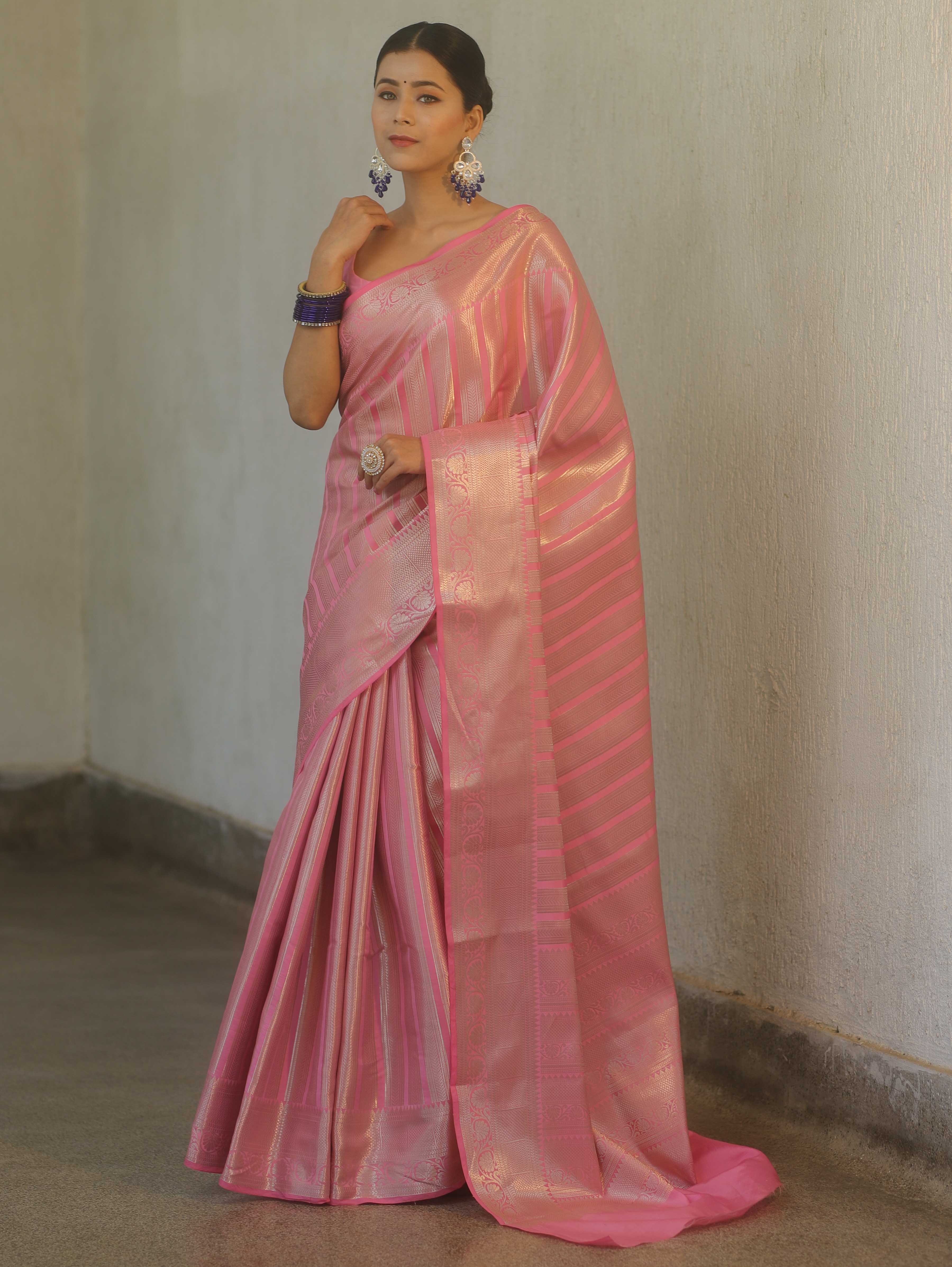 Banarasee Handwoven Tissue Saree With Silver Zari Stripes Design & Broder-Pink