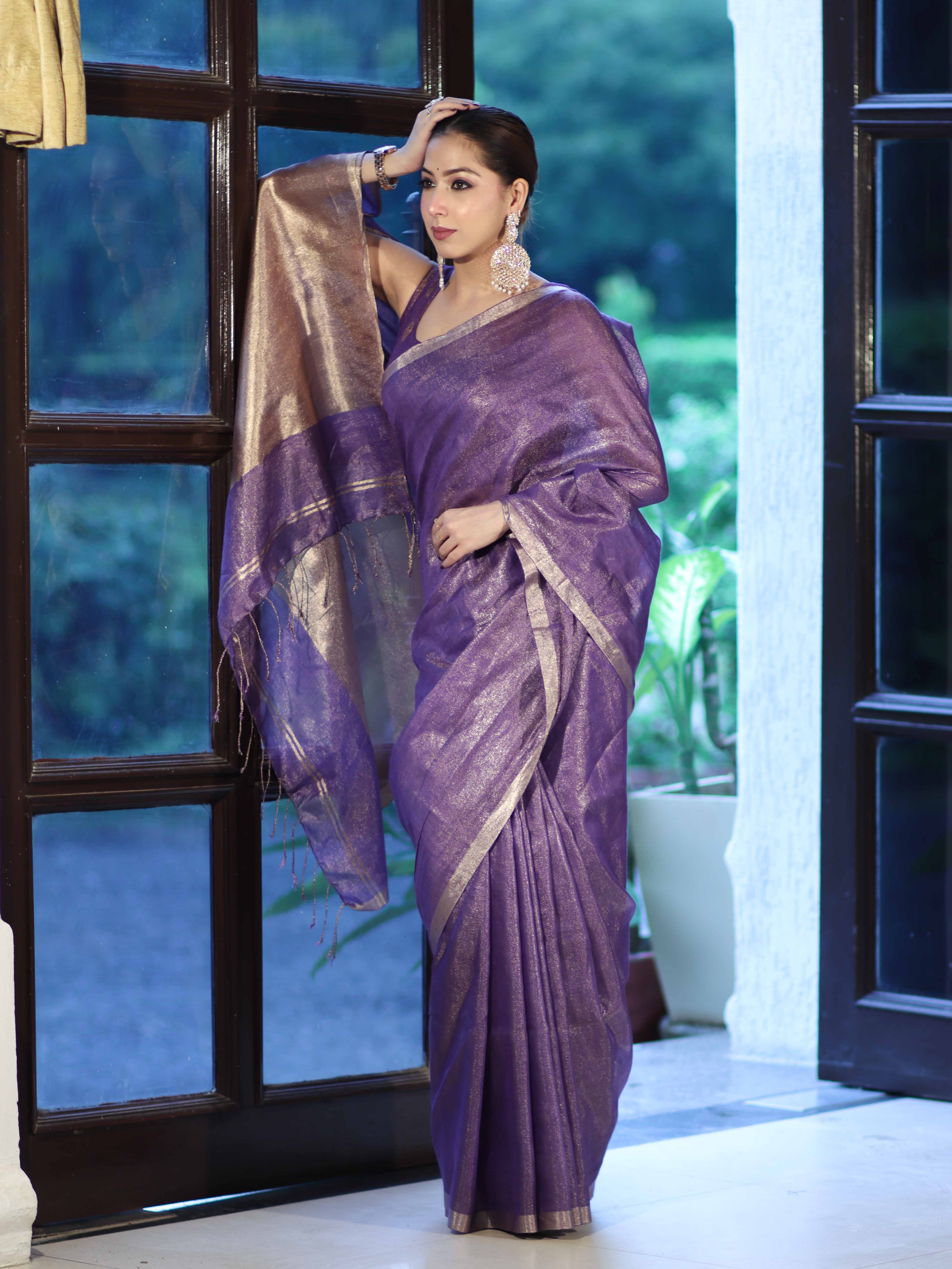 Bhagalpur Handloom Linen Tissue Metallic Shine Saree-Violet