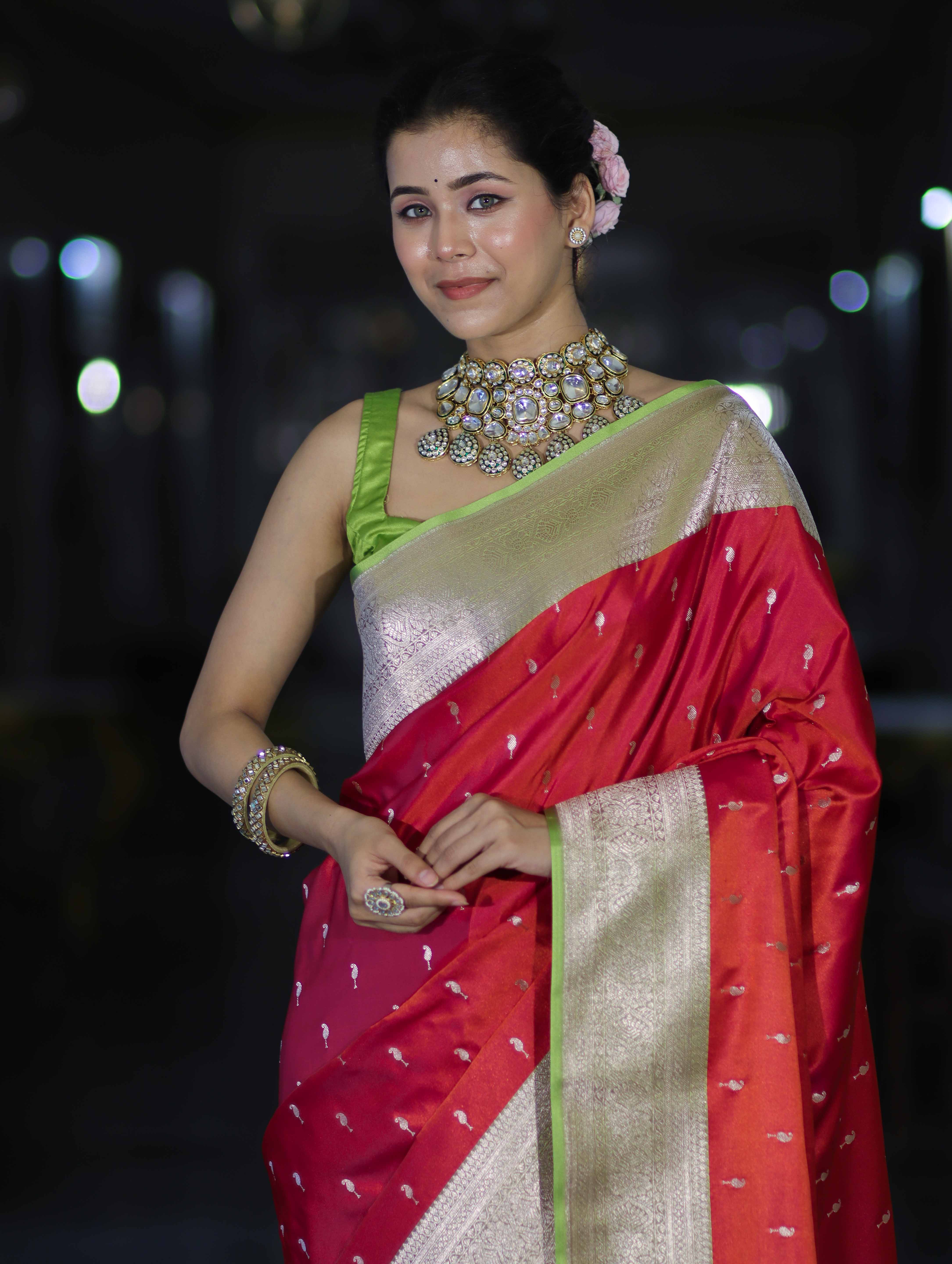 Banarasee Handloom Semi Katan Saree With Zari Buti Design & Contrast Border-Red & Green