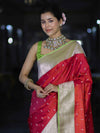 Banarasee Handloom Semi Katan Saree With Zari Buti Design & Contrast Border-Red & Green