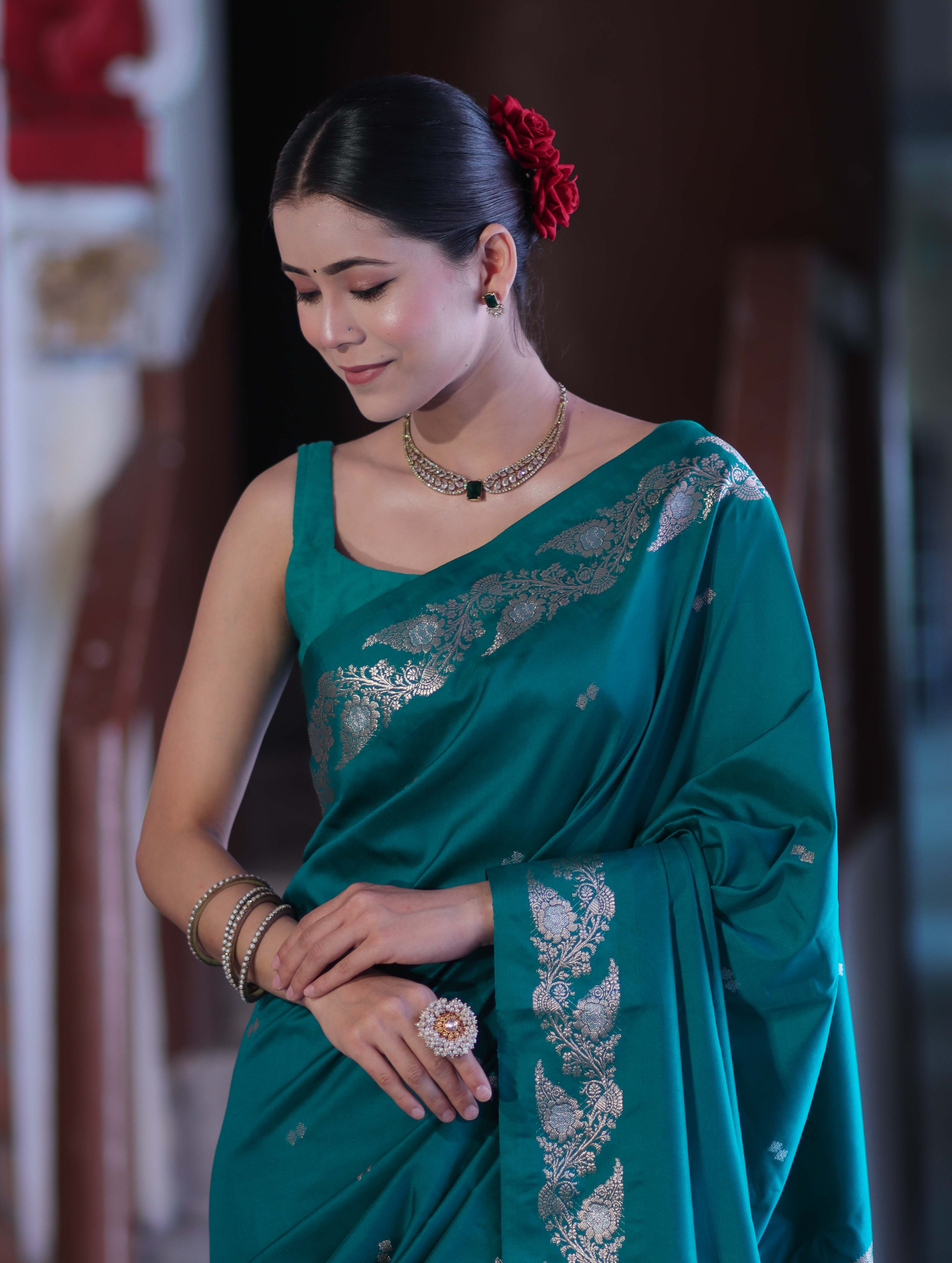 Banarasee Handloom Semi Silk Saree With Sona Rupa Zari Buti Design & Floral Border-Teal Green