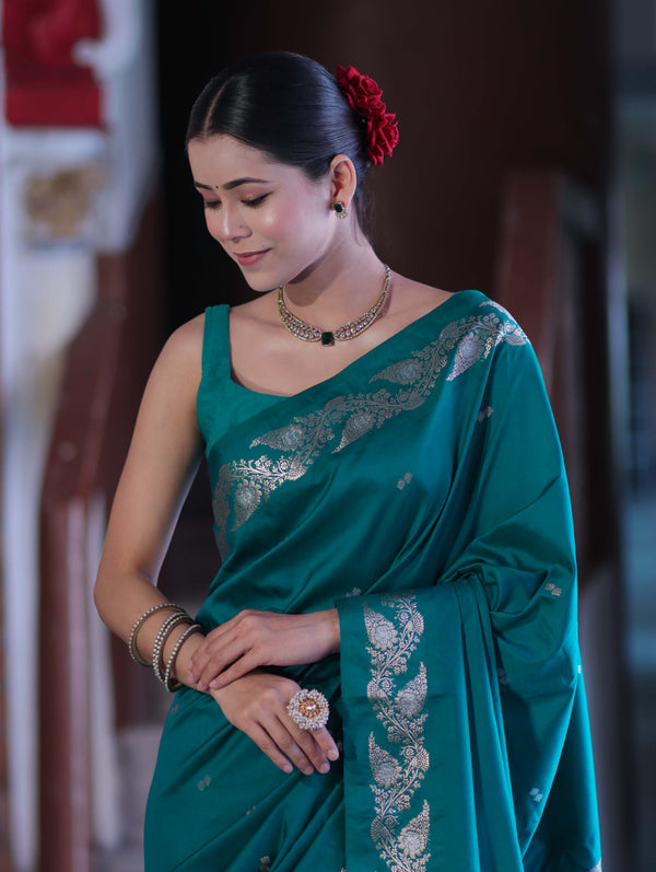 Banarasee Handloom Semi Silk Saree With Sona Rupa Zari Buti Design & Floral Border-Teal Green